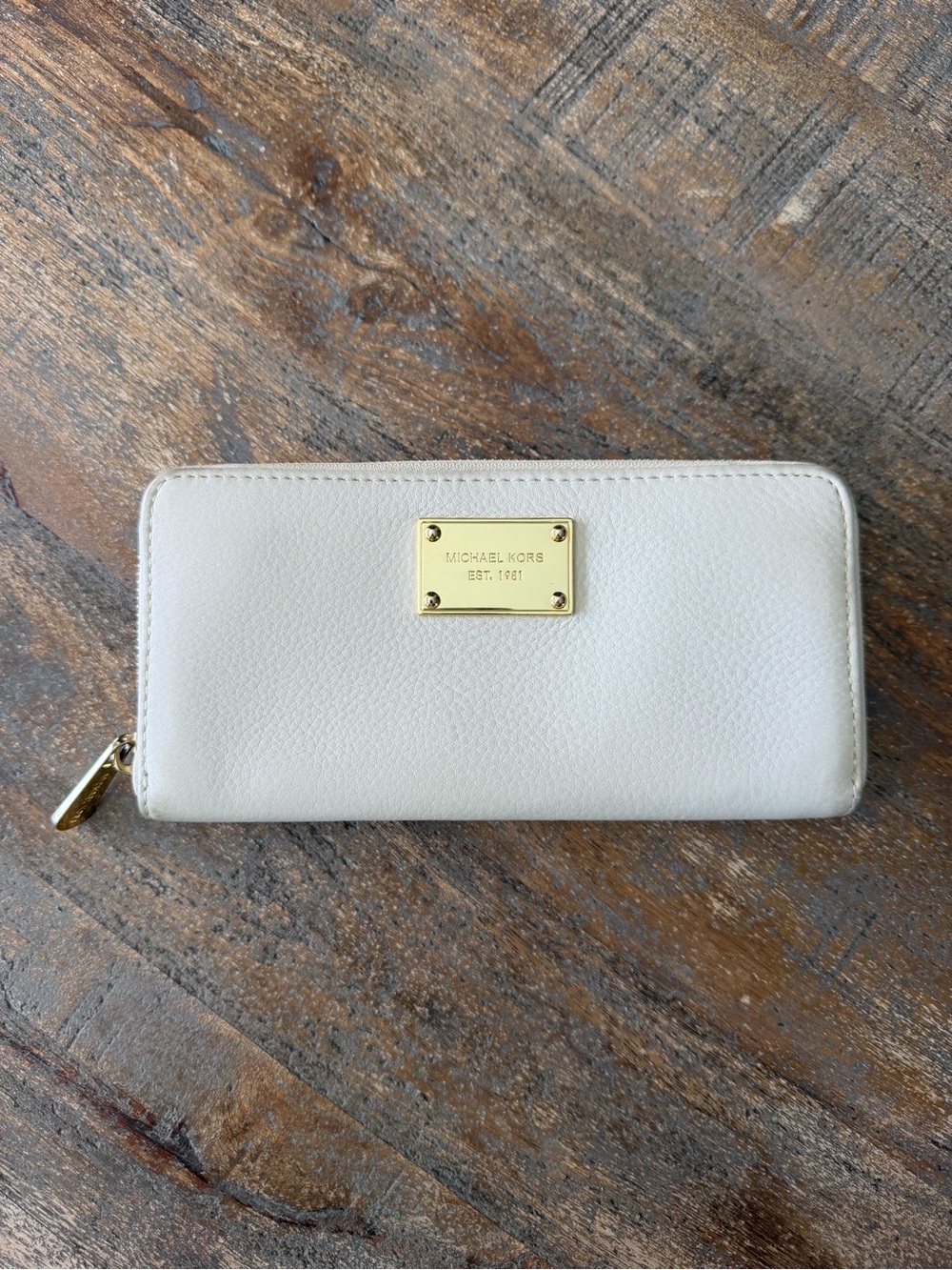 Michael Kors Ivory Zip-Around Wallet with Gold Plate